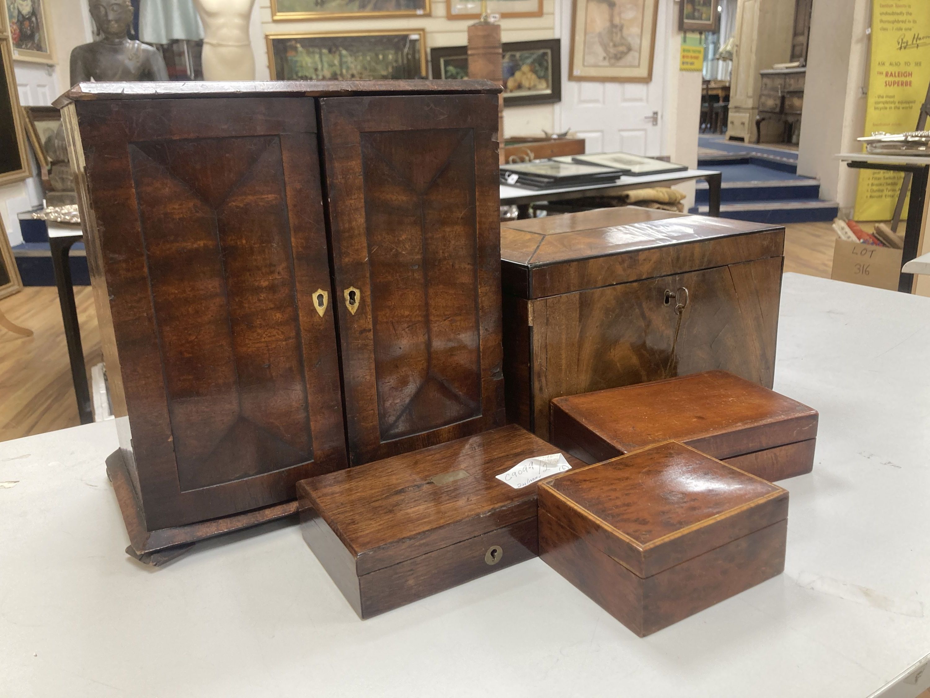 A Victorian mahogany box, collectors cabinet and four other boxes